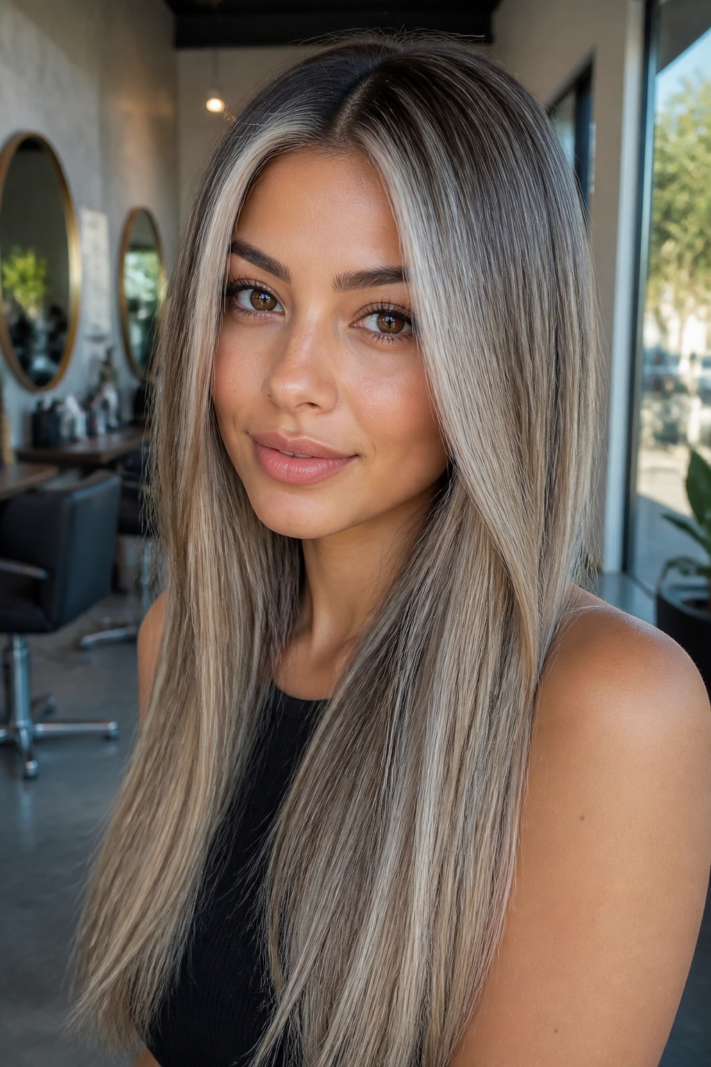 Close-up of a real woman with a silver front money piece and beige ash hair