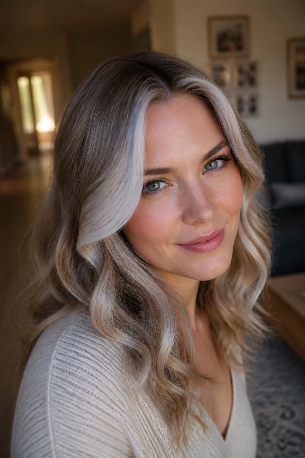 Close-up of a real woman with a silver money piece and soft curls on cool skin.