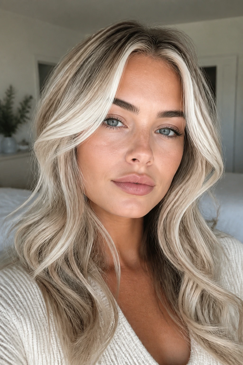 Real woman with silver money-piece layers around the face