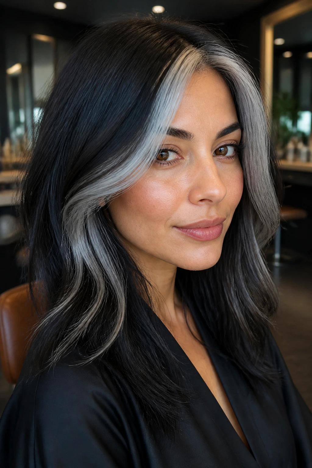 Portrait of woman with silver money pieces on dark base hair framing the face