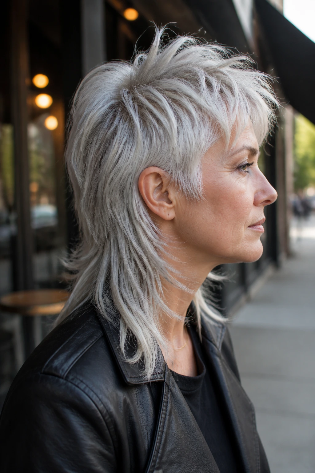 Side-profile portrait of a real person with a modern silver mullet with soft edges