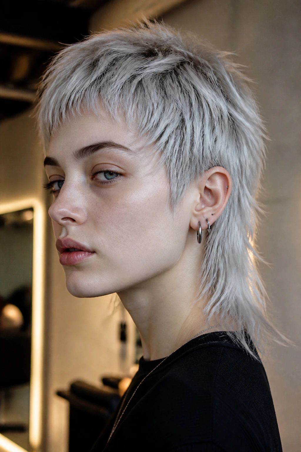 Close-up portrait of textured silver mullet on a real person with cropped crown and jagged layers