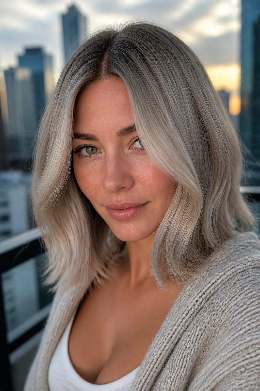 Portrait of a real woman with a silver mushroom lob and textured ends