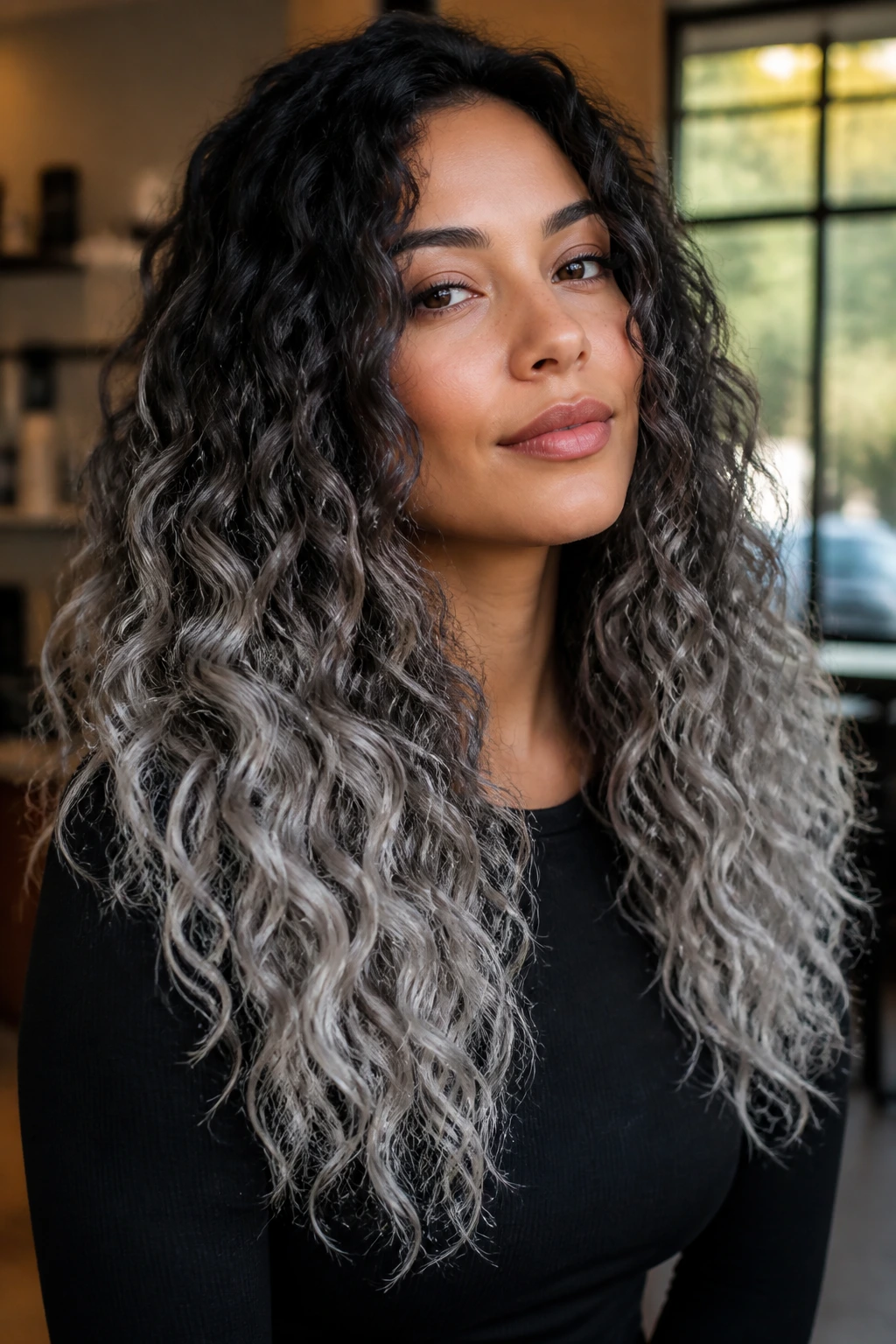 Close-up of brunette with silver ombré ends on curly hair in a salon