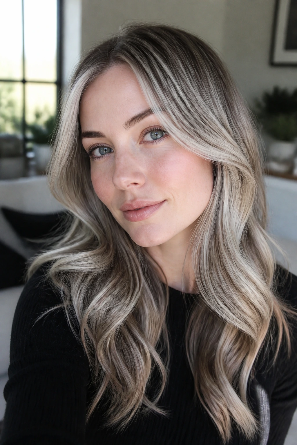 Real person with silver pearl highlights near the crown on pale skin