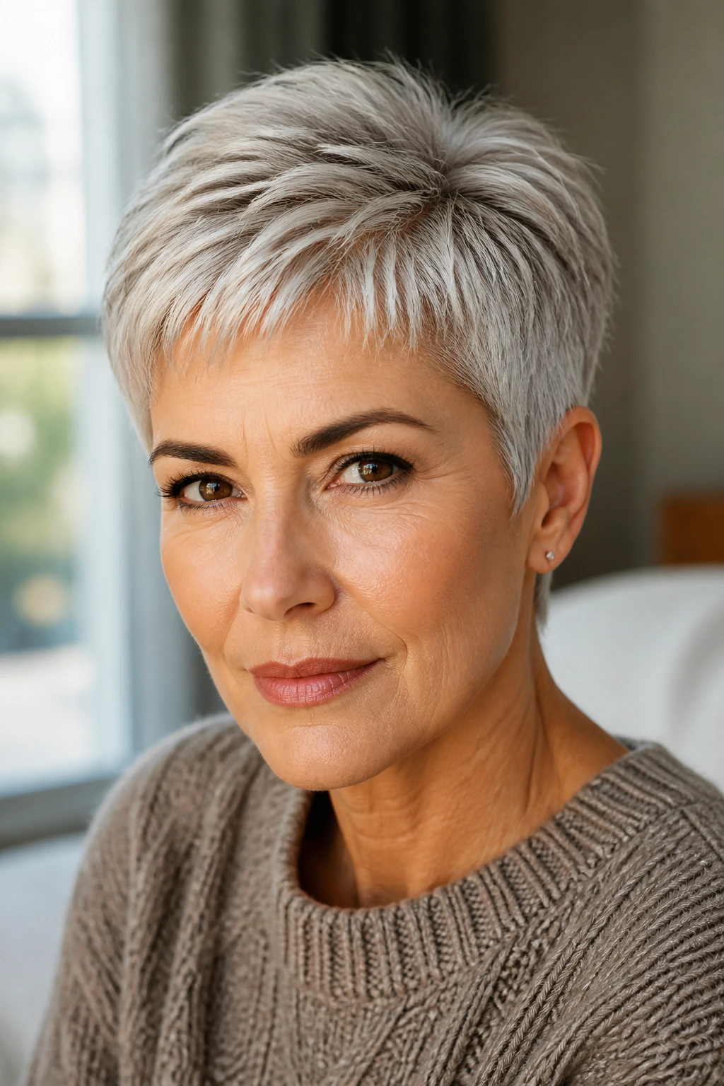 Portrait of a gray-haired woman with a balanced pixie silhouette showing silver with shape.