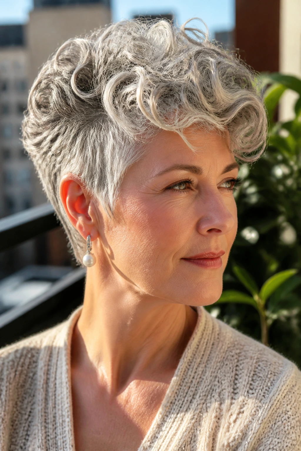 Close-up of a real woman with a silver curly pixie and long crown