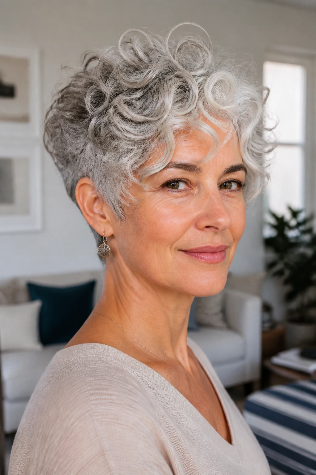 Portrait of a real woman with a silver curly pixie illustrating the concept.