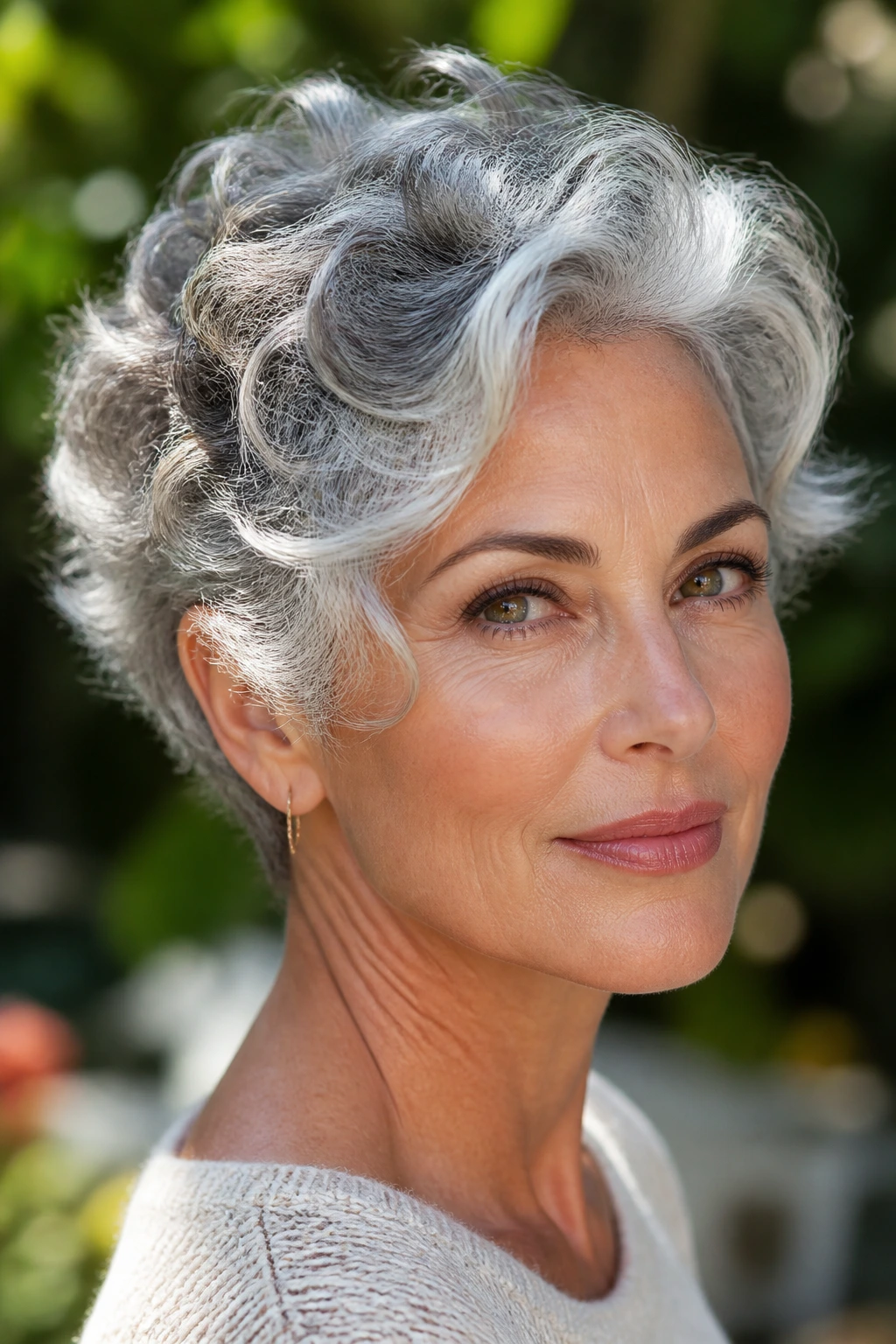 Portrait of a real woman with silver pixie curls catching light to show lift.