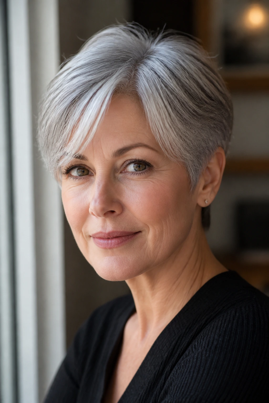 Portrait of a silver-haired woman with a soft curtain-sweep pixie
