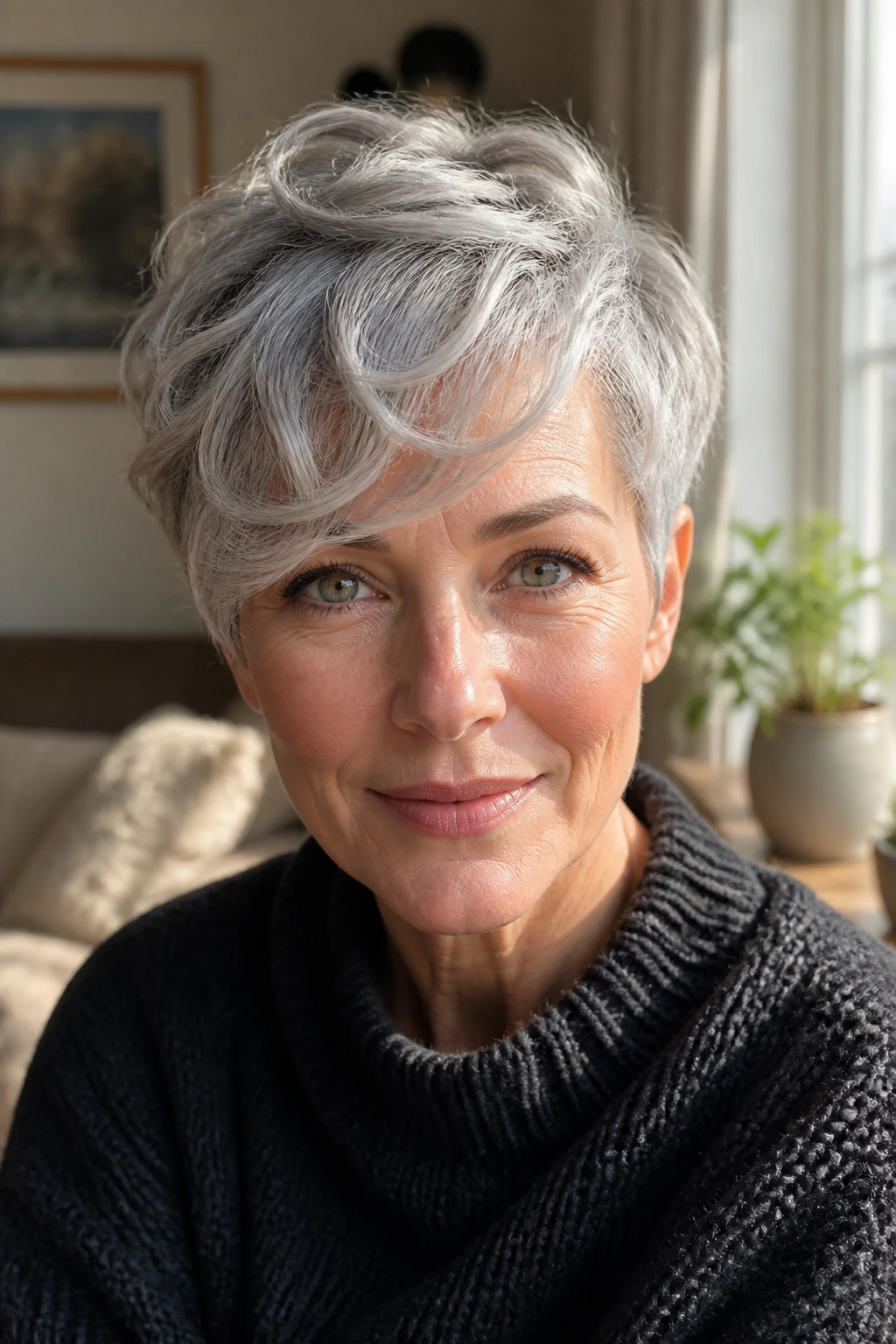 Real woman with a long-on-top curved-bang pixie in a sunlit room.