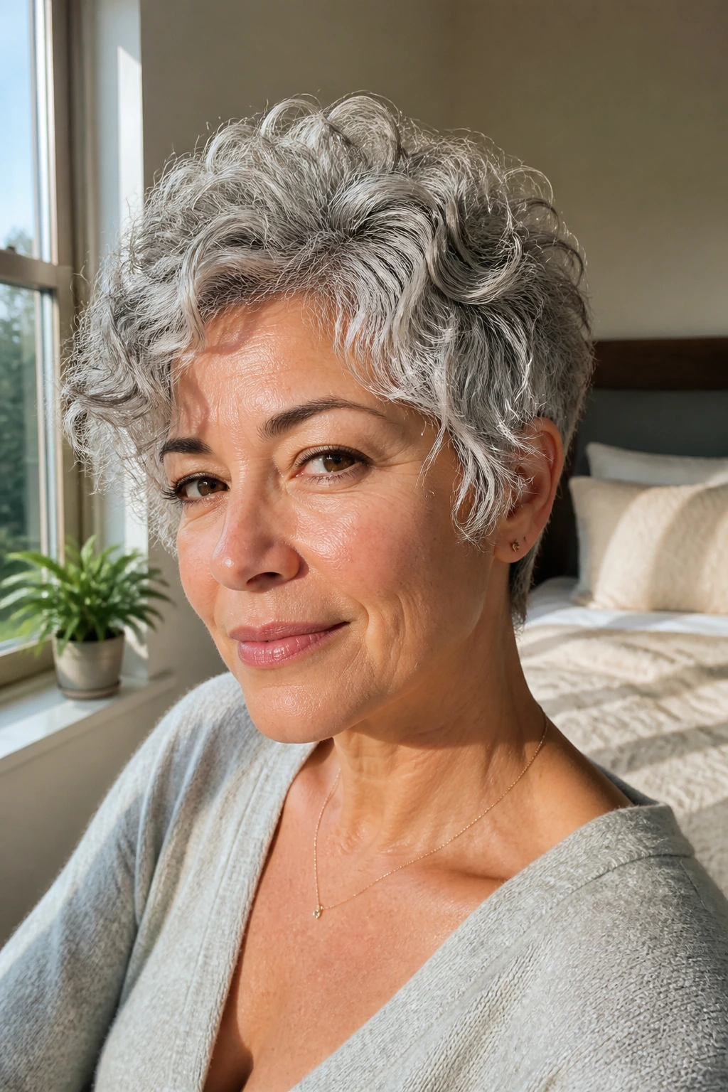 Close-up portrait of a real woman with a silver pixie cut highlighting face-framing curls in sunlit bedroom.