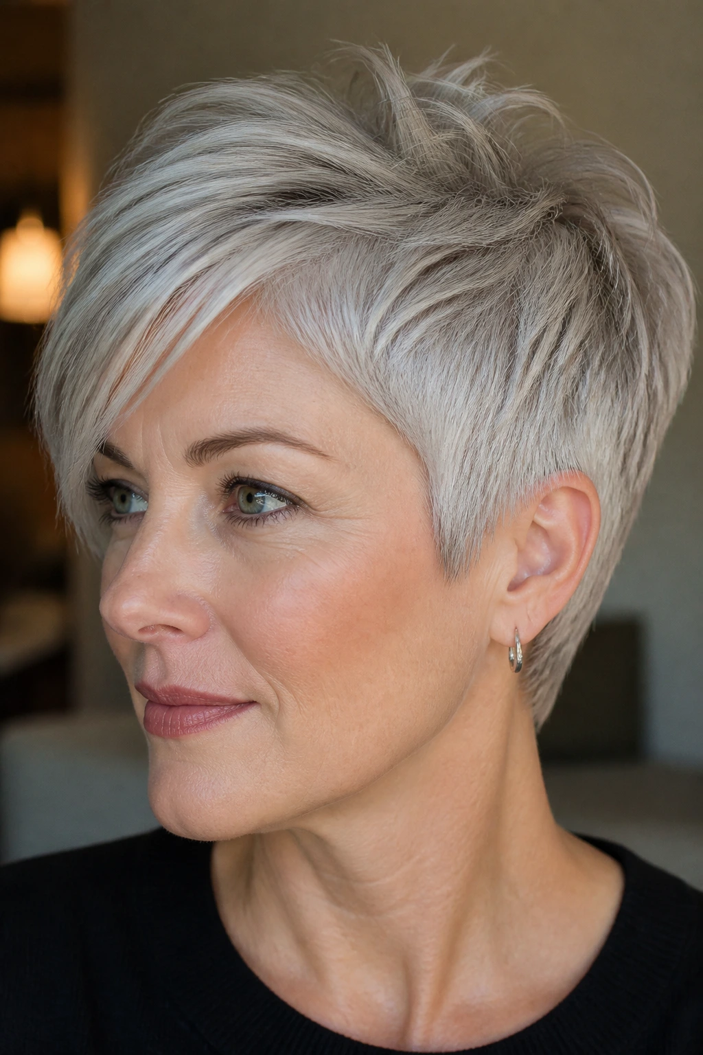 Close-up of a woman with a silver pixie and feathered crown.