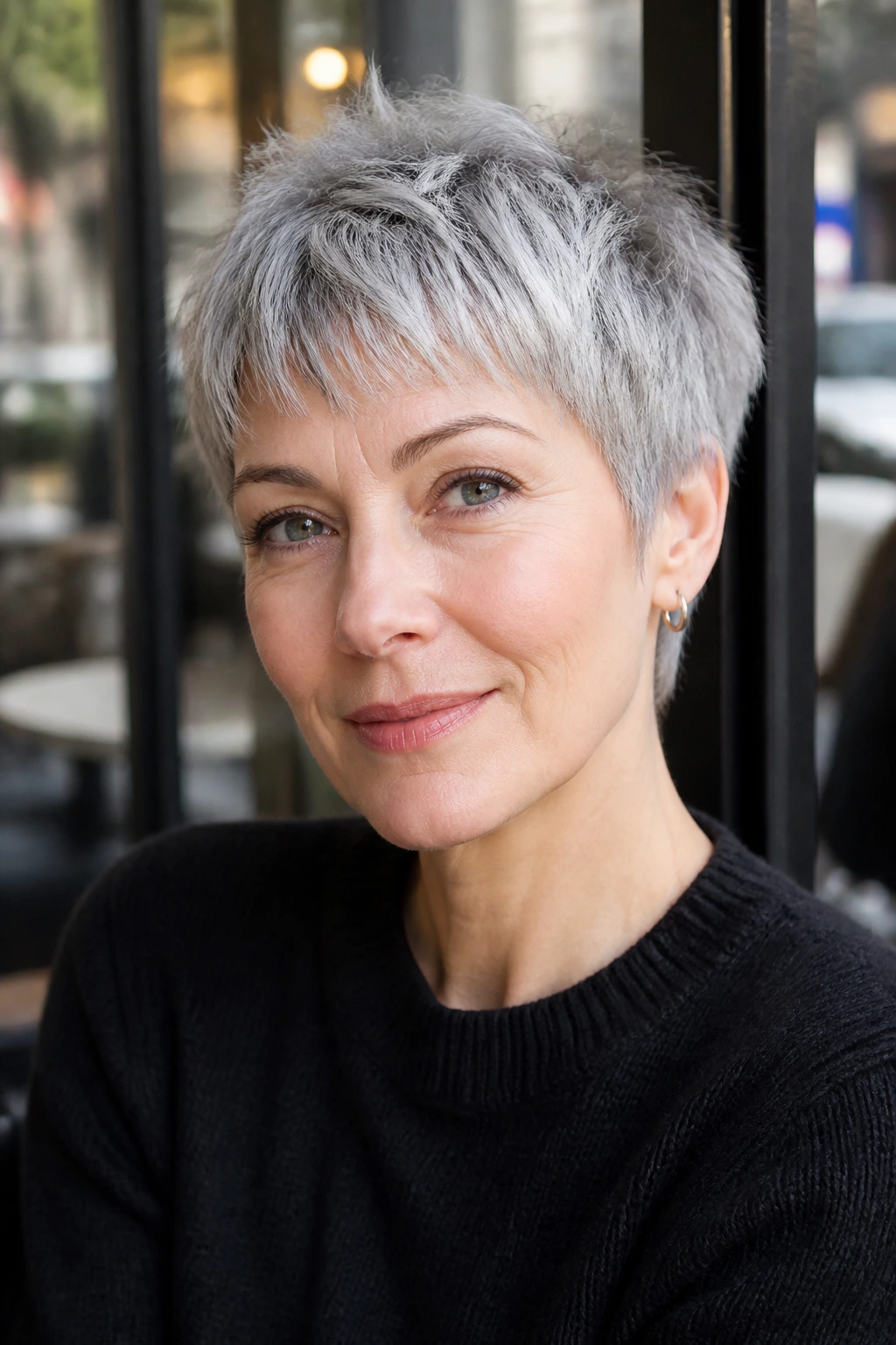 Close-up of a real woman with a silver pixie and choppy fringe.