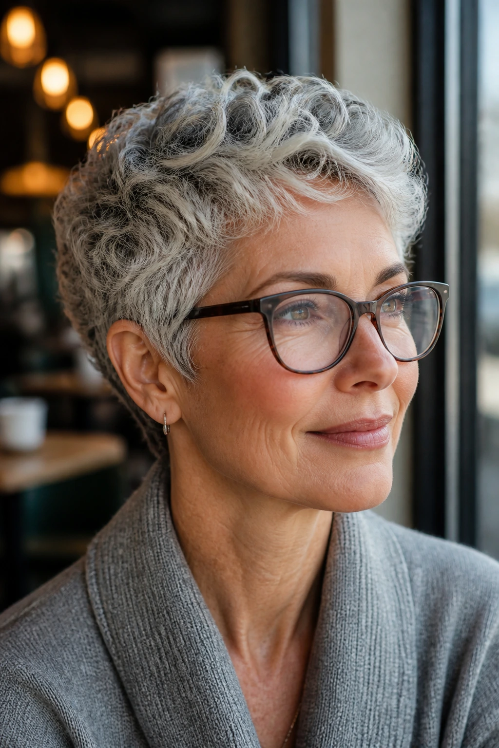 Portrait of a real woman wearing glasses with a silver curly pixie tucked at the ears.