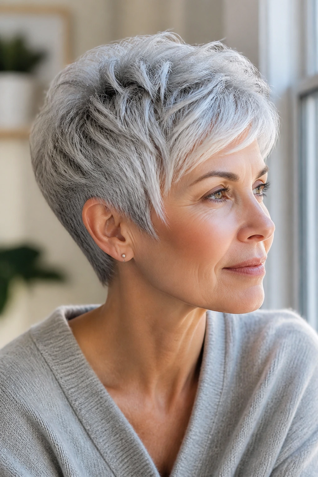 Close-up of a real woman with a silver glow pixie highlighting silver tones