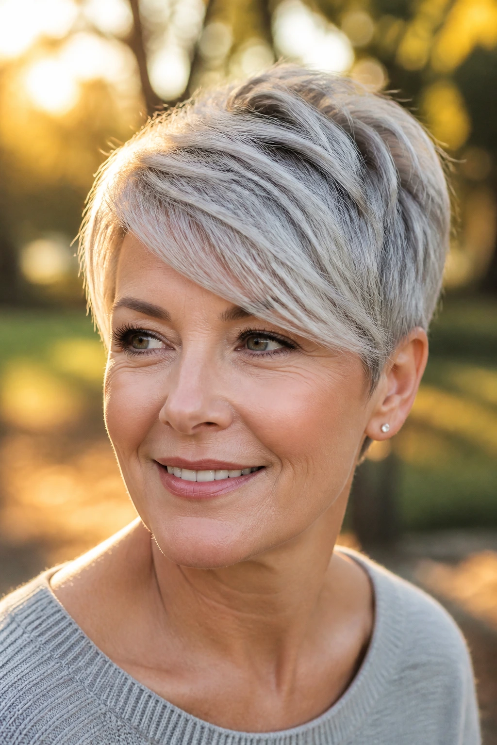Woman over 40 with silver pixie and side-swept bangs in golden hour outdoors