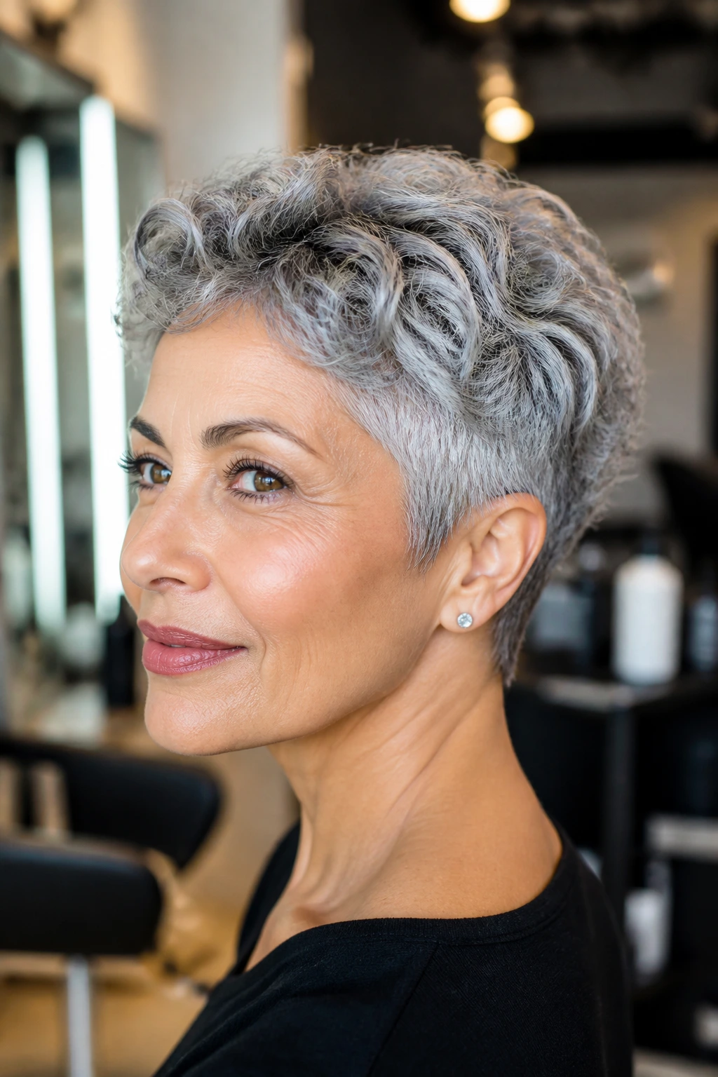Portrait of a real woman with a neat silver pixie showing defined trim lines