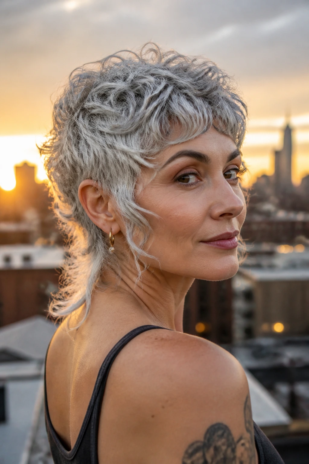Three-quarter portrait of a real woman with a silver mullet-leaning pixie and soft jawline framing.
