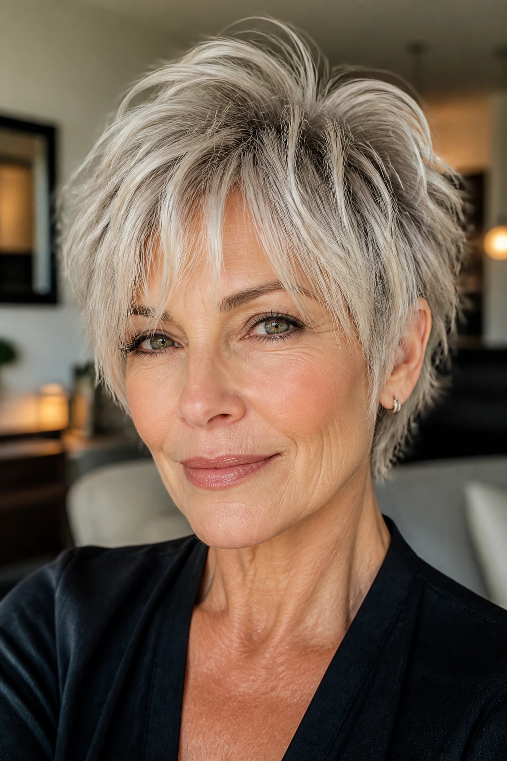 Portrait of a woman with a silver pixie shag and feathered bangs.