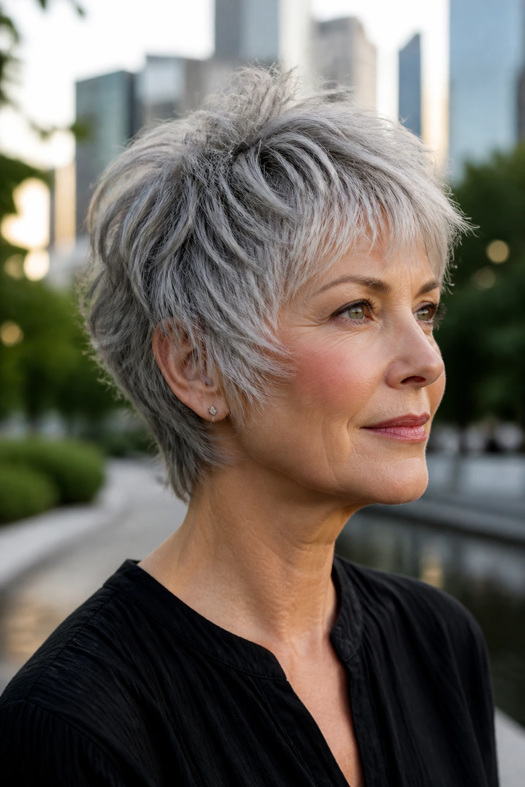 Real woman with silver pixie shag feathered sides outdoors