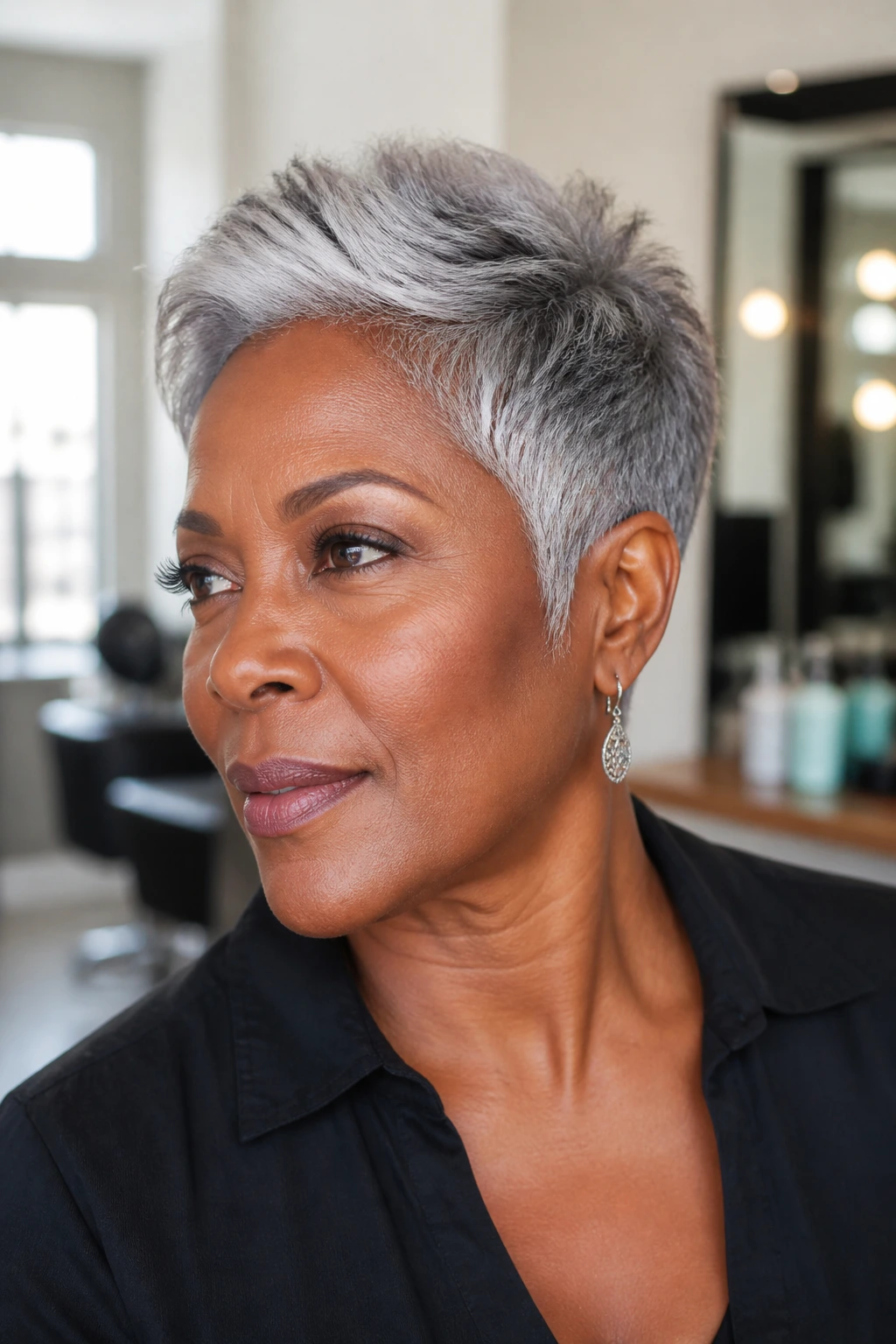 Close-up of a person with a tapered silver-gray pixie and soft sideburns.