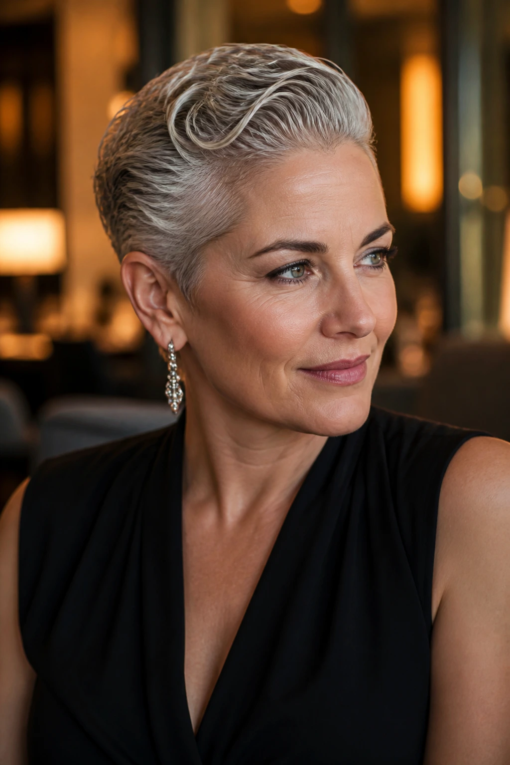 Close-up portrait of a real woman with a silver slicked-back textured pixie.