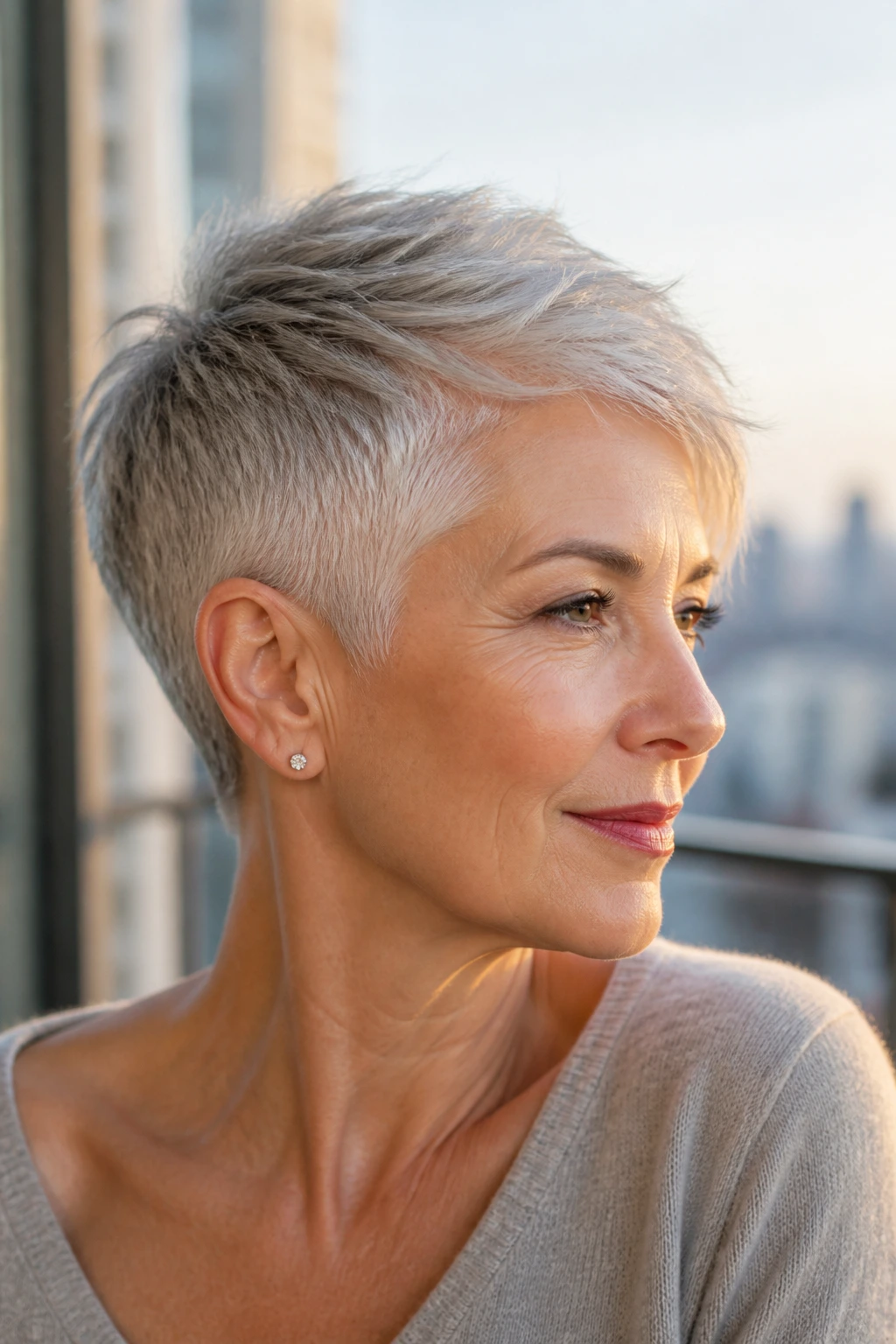 Real woman with silver pixie and clean side taper