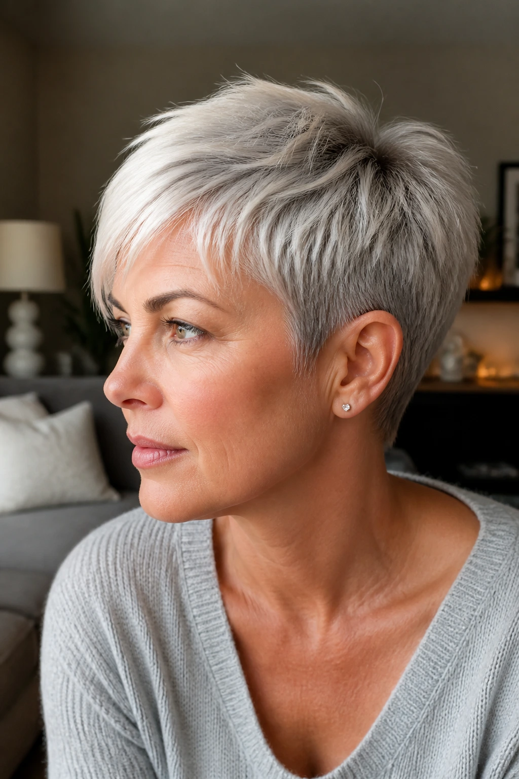 Close-up of a real woman with a silver-soft pixie cut and tapered nape under natural light
