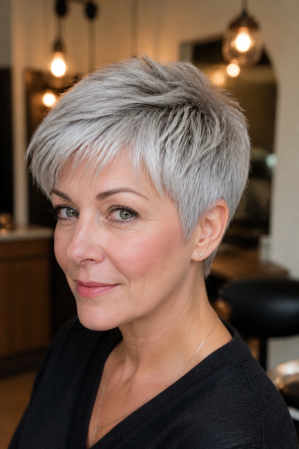 Close-up portrait of a real woman with a silver layered pixie featuring tapered sides.