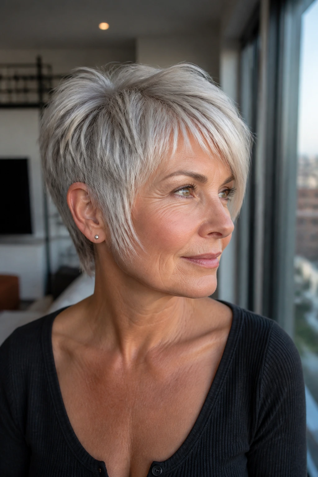 Real woman with silver pixie and temple-length sides in a modern apartment.