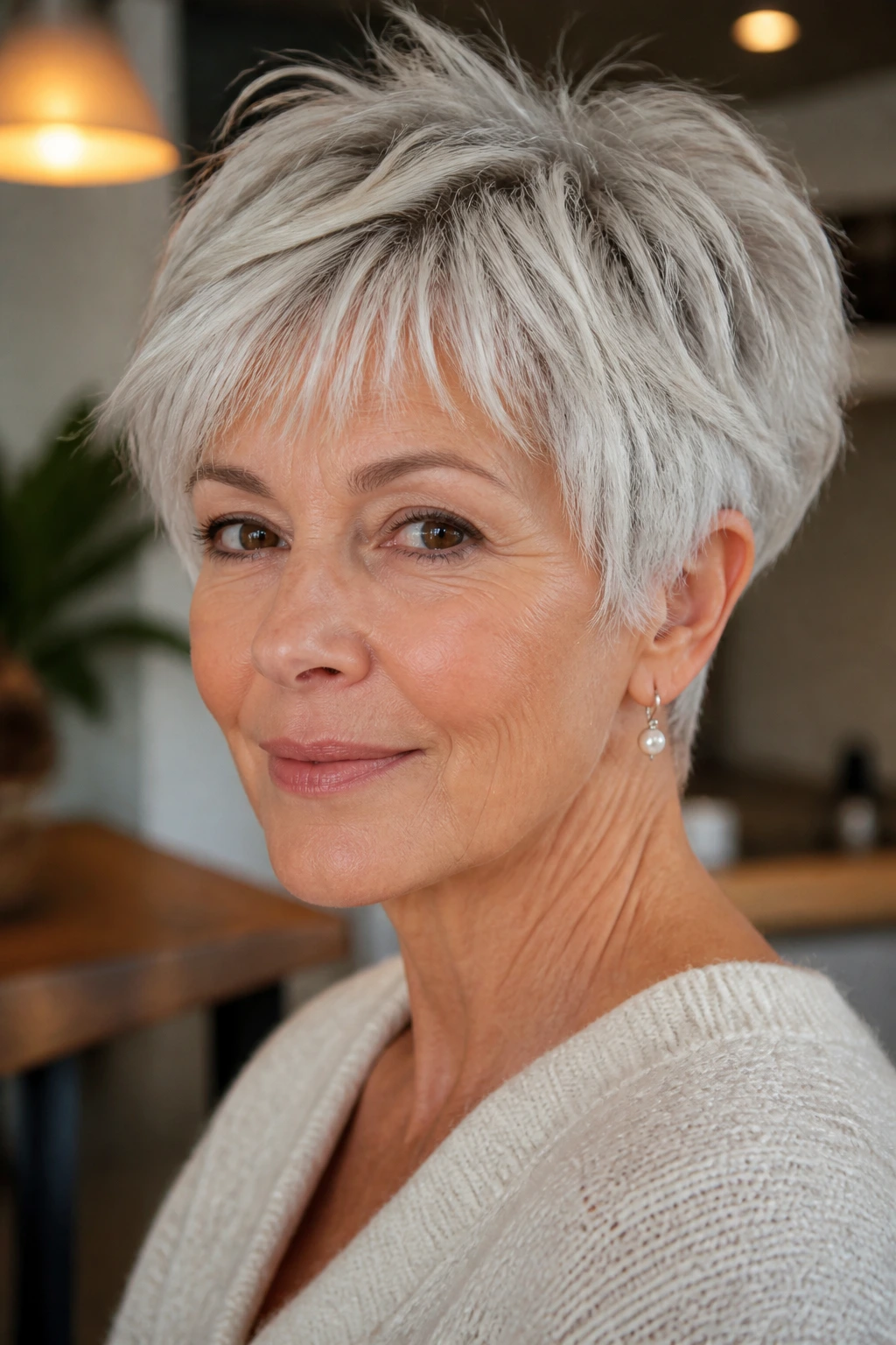 Portrait of a 60-year-old woman with a soft silver pixie and layered top