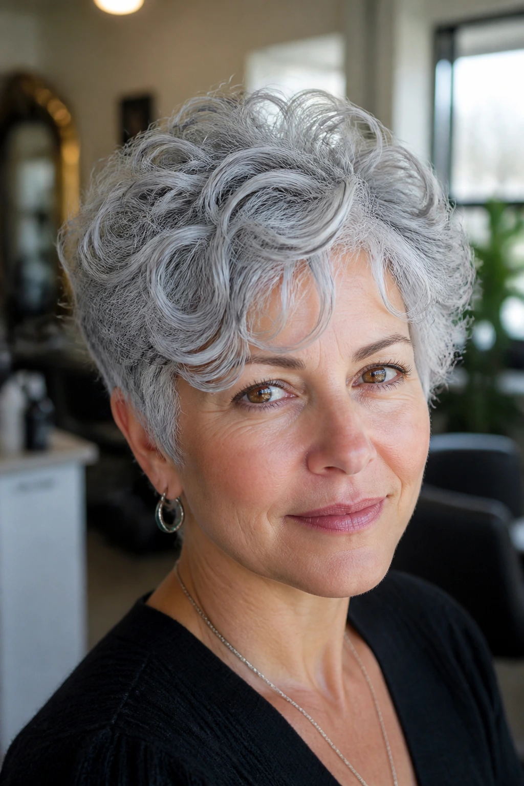 Close-up of a real woman with a layered silver pixie showing face-framing layers