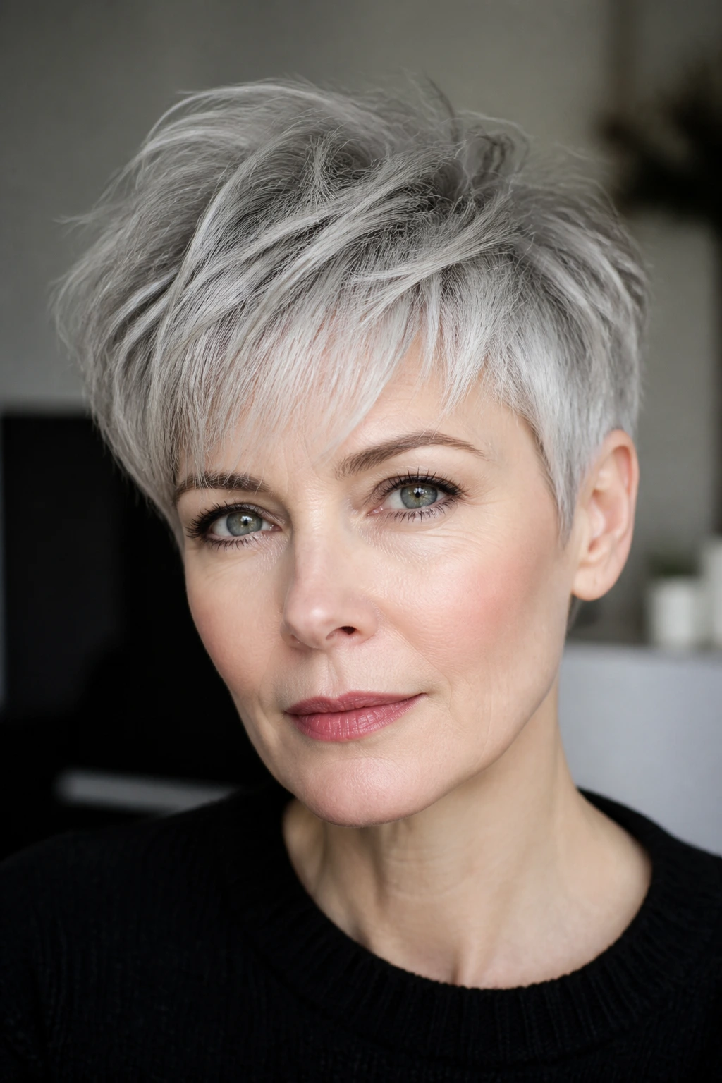 Close-up portrait of a person with a silver pixie cut and wispy fringe