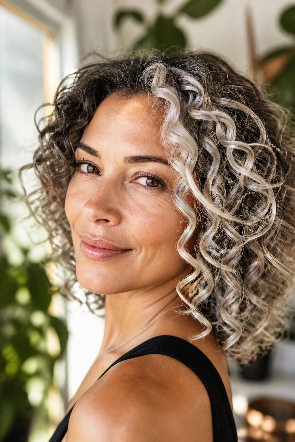 Curly hair with silver-platinum streaks on a real person
