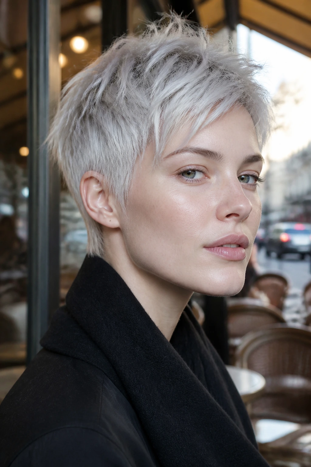 Pale-skinned model with silver-platinum pixie and piecey texture