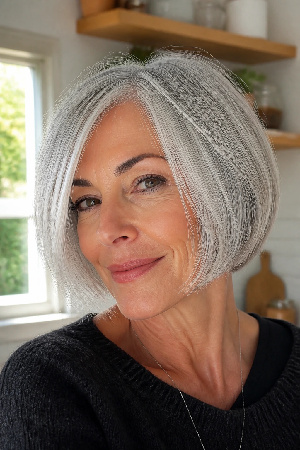 Close-up of a real person with silver razor-cut bob in a bright kitchen setting