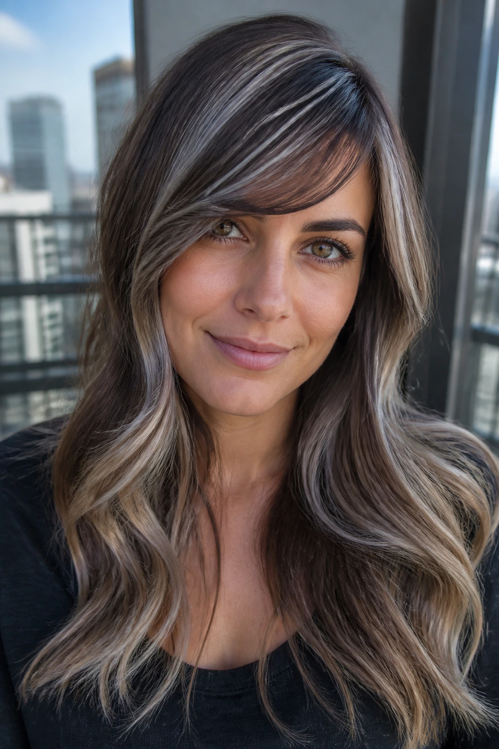 Close-up of a real woman with brunette base and silver ribbons with side-swept bangs.