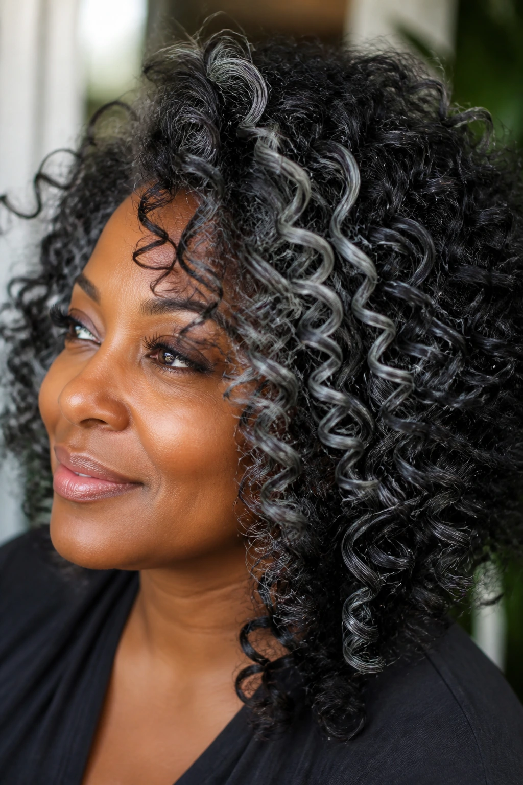 Curl portrait with silver ribbon highlights weaving through curls on deep skin.