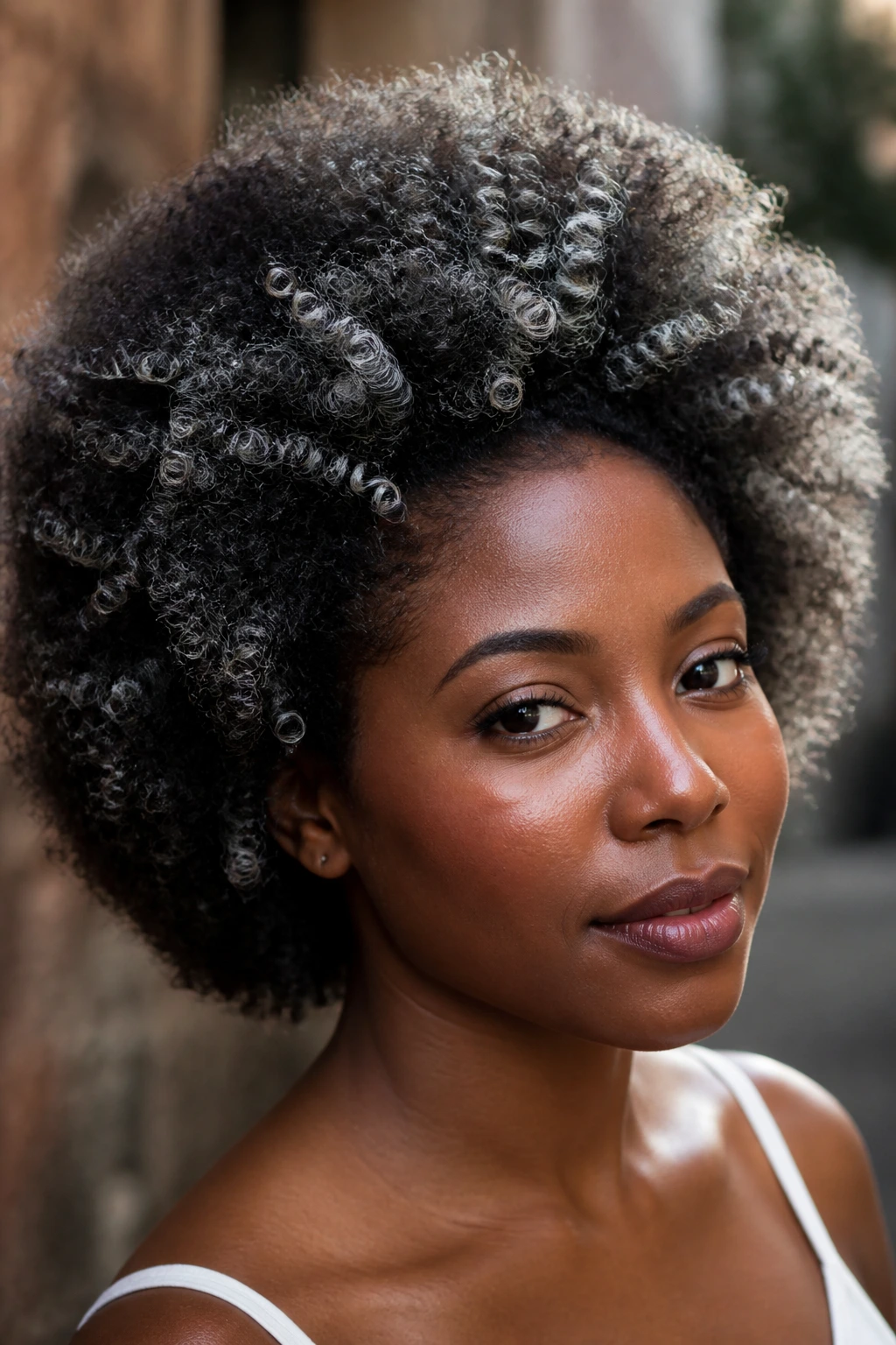 Close-up of rounded Afro with silver ribbon highlights