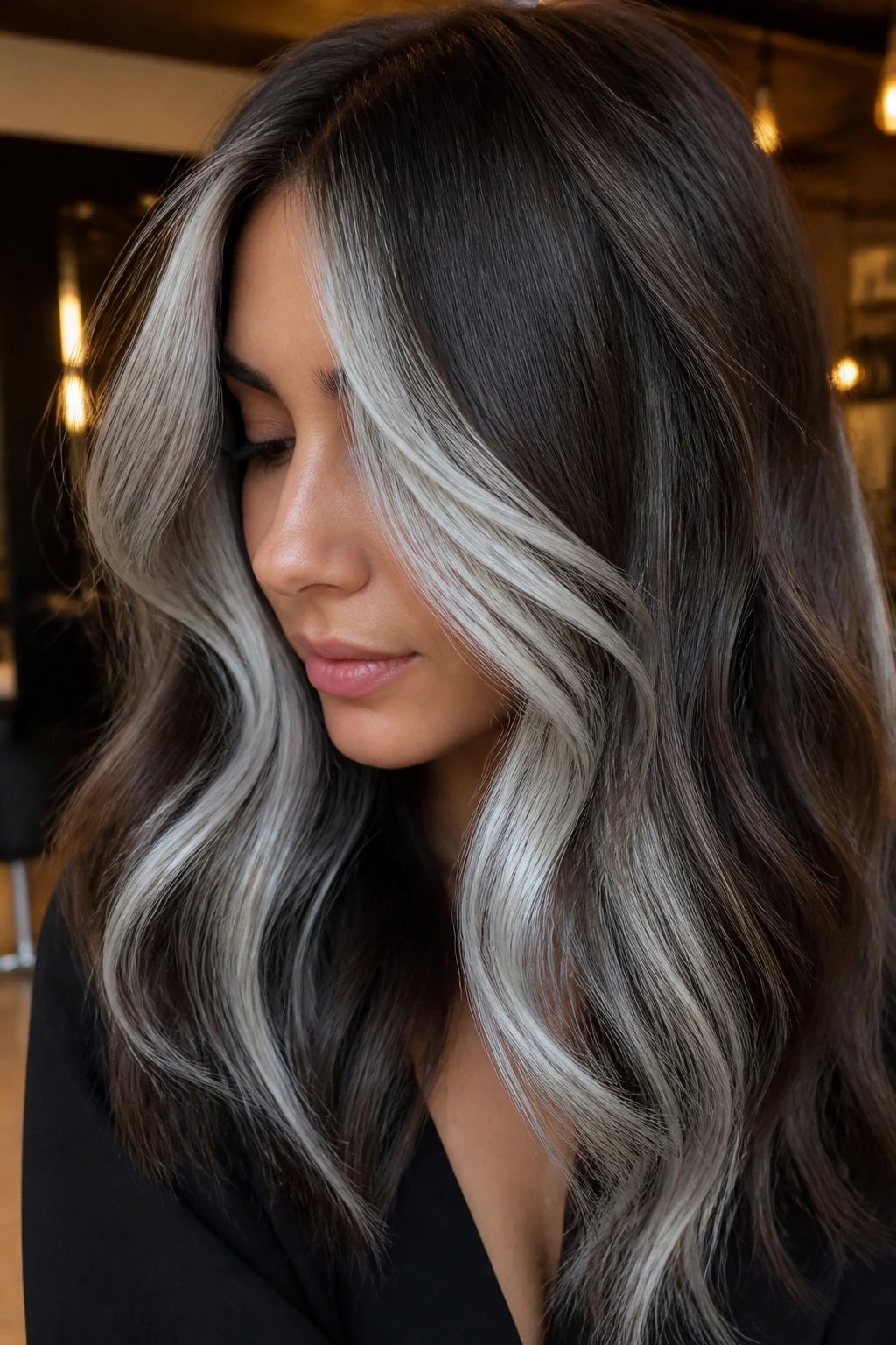 Close-up portrait of a real woman with chunky silver ribbons in dimensional brunette hair