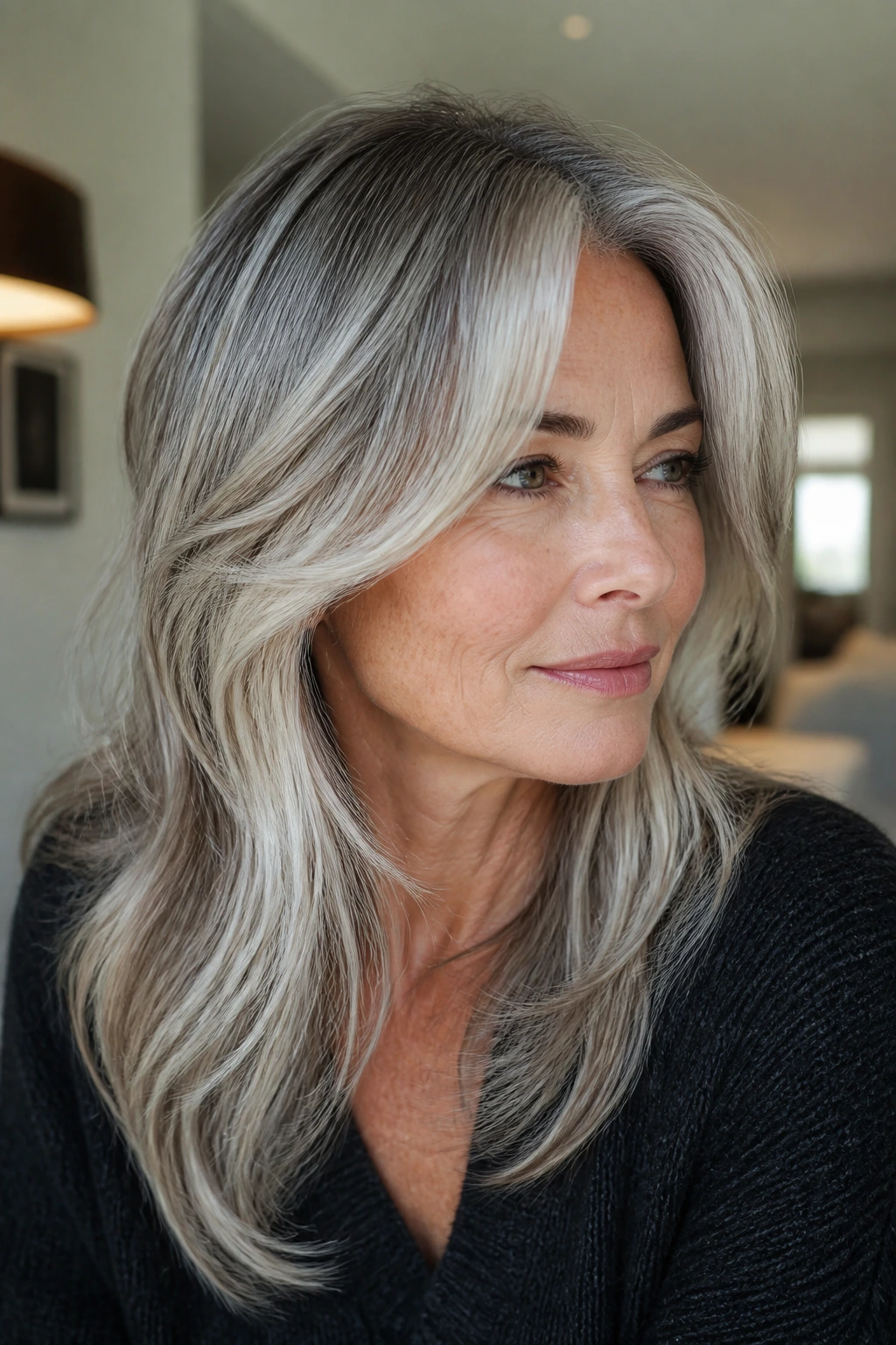 Real woman with silver-gray layered hair and soft root shadow