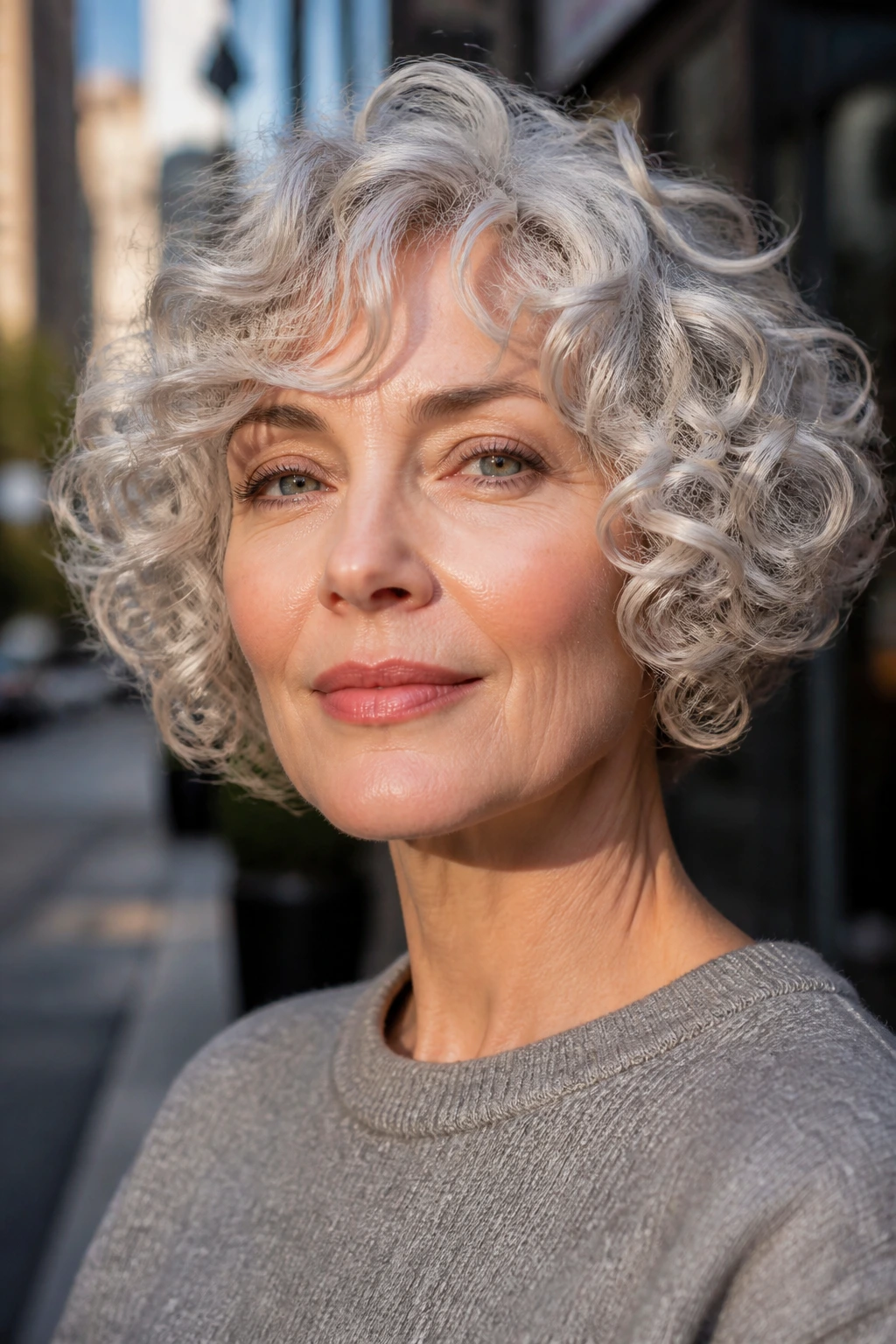 Close-up portrait of real person with silver ringlet bob and luminous curls