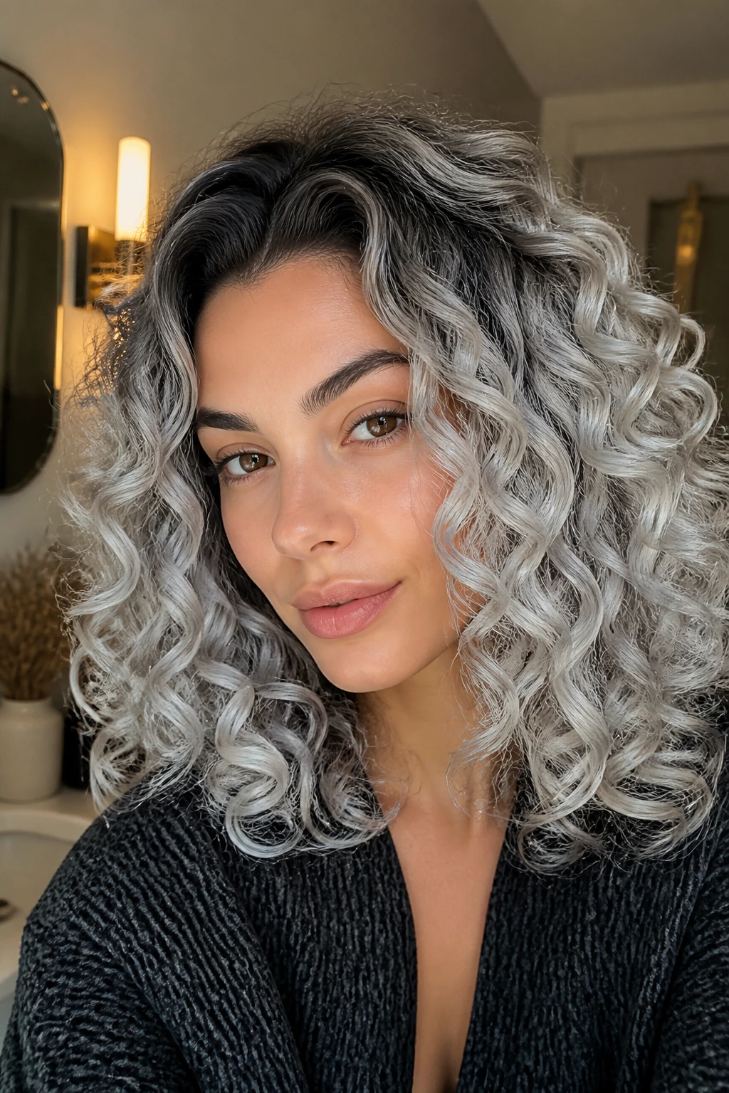 Close-up of curly hair with silver smoke root shadow on roots