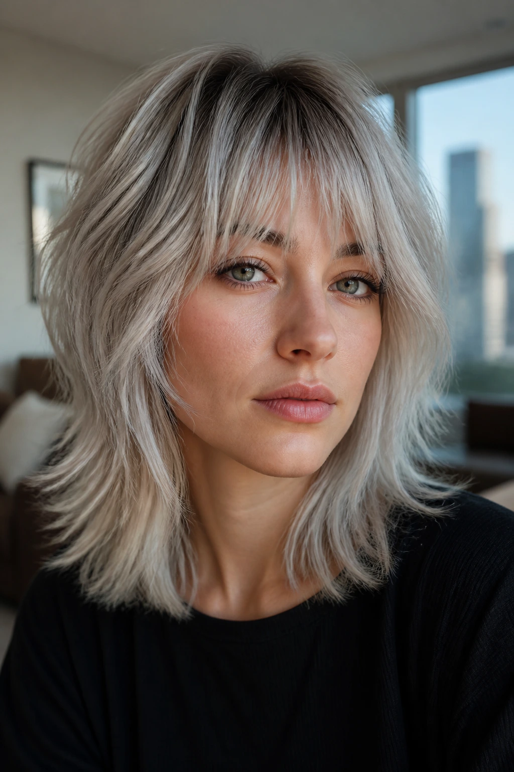 Close-up of a real woman with silver-root shadow shag and icy tones.