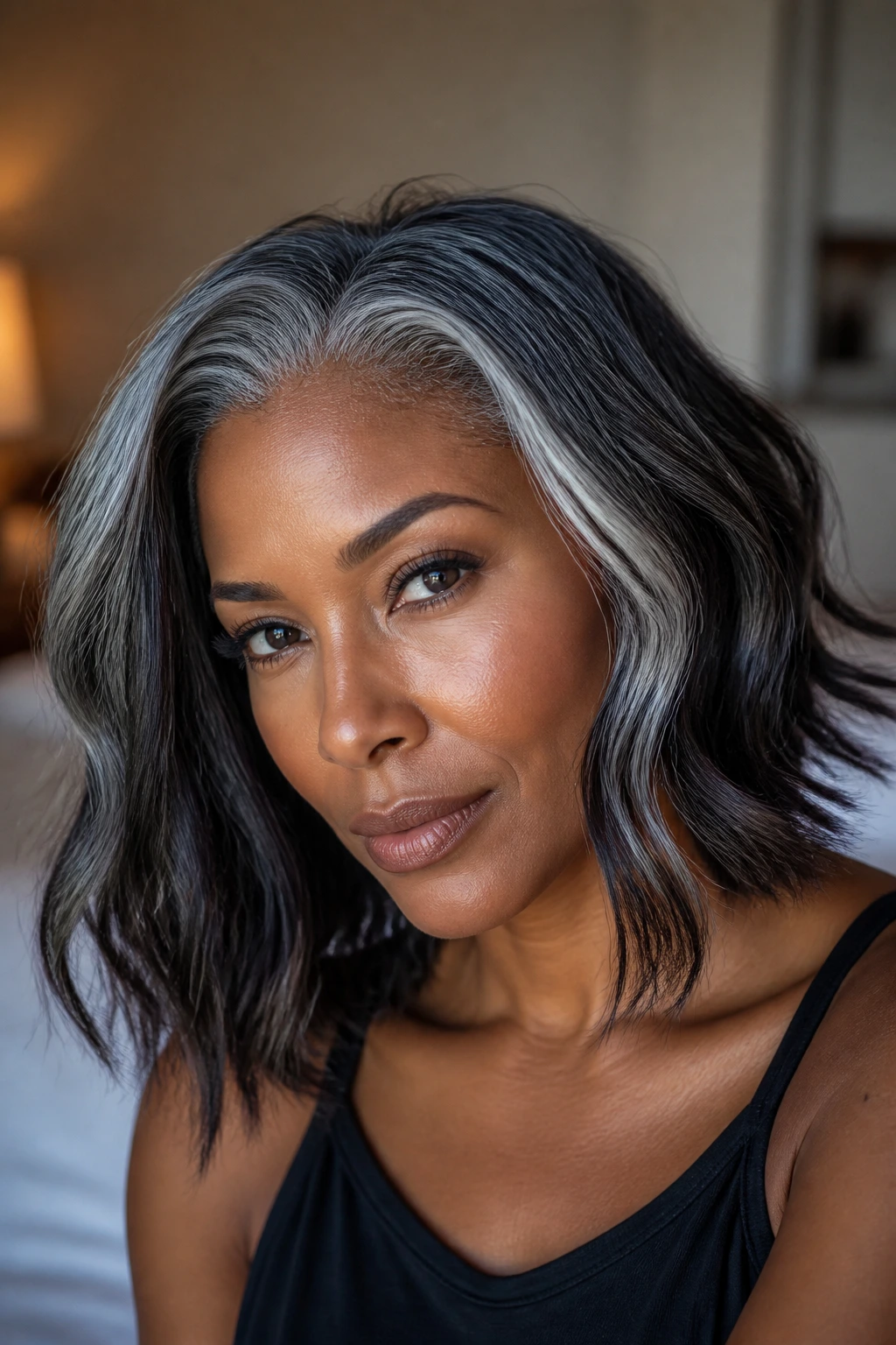 Close-up portrait of a woman with smoky silver roots blending into hair in natural window light