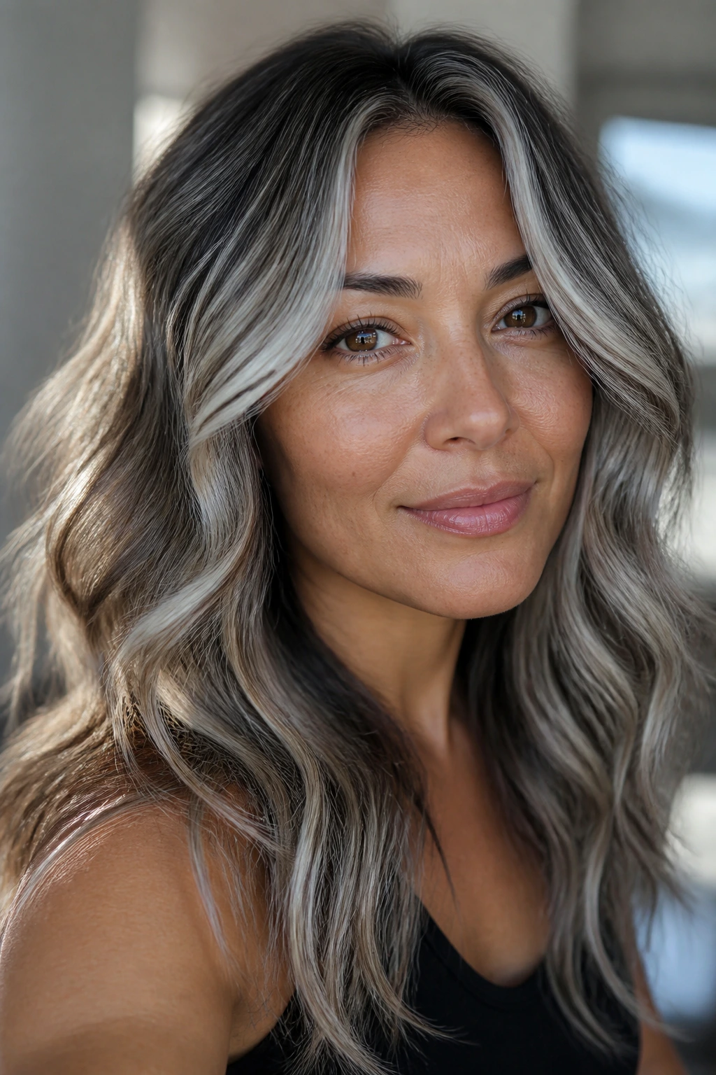 Close-up of a person with medium skin and silver sand balayage
