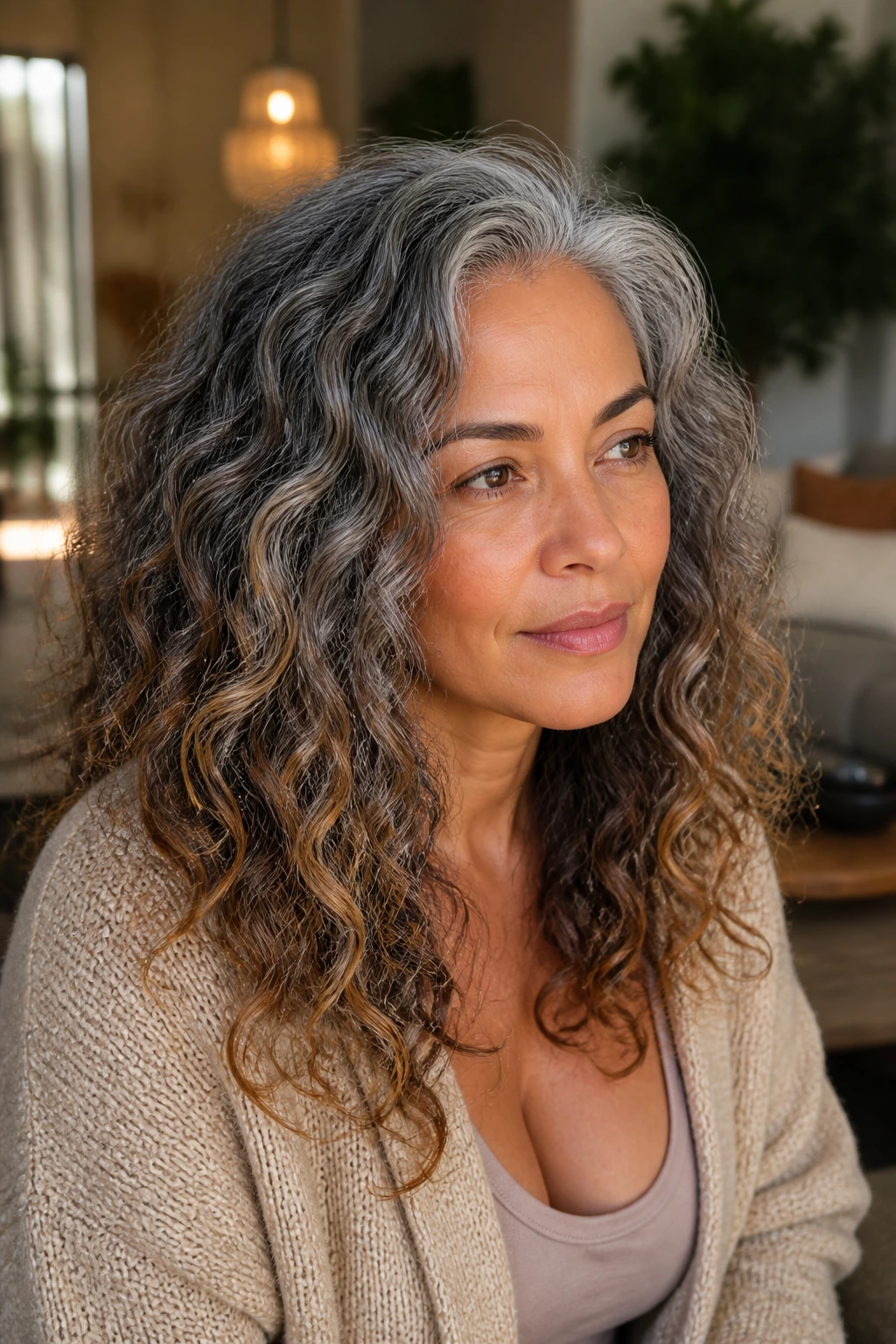 Profile view of olive-skinned woman with silver shadow root and caramel underlights