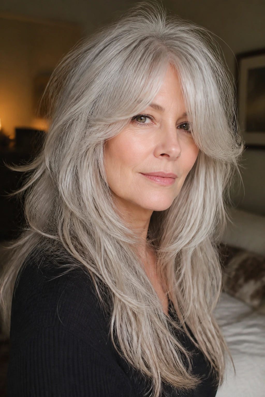 Close-up portrait of a person with long silver shag and curtain bangs
