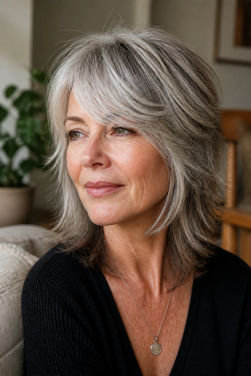 Close-up portrait of a woman with a silver-enhanced shag and side-swept fringe.